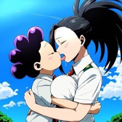 1boy 1girls ai_generated alfort blush_lines boku_no_hero_academia female french_kiss french_kissing holding_each_other kissing male mineta_minoru minoru_mineta momo_yaoyorozu my_hero_academia saliva_string school_uniform tongue_kiss