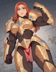 abs adeptus_custodes ai_generated armor artificialanaleptic biceps bodysuit breastplate breasts brick_wall calladayce_taurovalia_kesh clothing female female_only flexing gauntlets gloves green_eyes lips long_hair looking_at_viewer looking_down muscular_female obliques orange_hair parted_lips pauldron pelvic_curtain red_hair shoulder_armor signature solo thick_thighs warhammer_(franchise) warhammer_40k