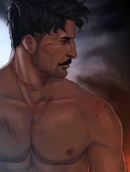 1boy artist_signature bara beard_stubble beauty_mark biceps black_hair dark-skinned_male dark_hair dark_skin dorian_pavus dragon_age dragon_age_inquisition facial_hair gay_male mage male male_only merwild mole moustache moustache muscles muscular muscular_male nipples pecs scar scars solo solo_male stubble video_games wound wounded wounds