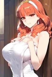 1girls ai_generated blush breasts celica_(fire_emblem) closed_mouth fire_emblem large_breasts medium_hair naked_towel orange_hair princess red_eyes royalty smile solo teenage_girl teenager towel white_towel