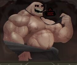 2d_nic0 bara body_hair buckshot_roulette bulge cigarette cigarette_in_mouth claws dealer_(buckshot_roulette) male male_only monster muscles muscular necktie nightmare_husbando scars shirtless solo solo_male speech_bubble