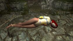 1girls 3d arms_behind_back bound_ankles cloth_gag dirkjag gag gagged leotard mod red_hair skyrim