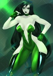 1girls bare_shoulders belly_button busty calad_g choker cleavage curvy disney disney_channel fingerless_gloves green_eyes green_eyeshadow green_hair hips kim_possible pale-skinned_female pale_skin plunging_neckline shego small_waist thick_thighs thighs