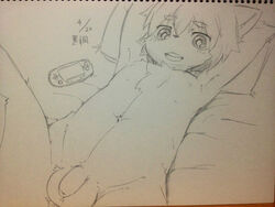 1boy anthro armpits balls bed bed_sheet big_eyes chubby cute eyebrows hair humanoid_penis kemono lying male male_only monochrome navel nipples nude on_back on_bed penis pillow sirotae_konnta sketch small_penis solo uncut young