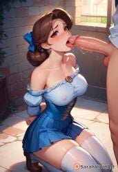 1boy 1girls ai_generated arms_behind arms_behind_back back beauty_and_the_beast belle blowjob blush blushed brown_hair clothed cum_drip disney disney_princess fellatio female female_focus kneeling large_penis licking licking_penis long_hair looking_at_viewer medium_breasts nervous nipple_bulge nipples_visible_through_clothing open_mouth oral outdoors outside partial_male penis pleated_skirt sarahvividart seductive see-through see-through_clothing shiny_skin strapless thighhighs tongue tongue_out