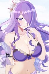 alternate_costume bikini breasts camilla_(fire_emblem) female female_only fire_emblem fire_emblem_fates fire_emblem_heroes hair_over_one_eye n_54 nintendo official_alternate_costume purple_bikini purple_hair purple_swimsuit solo swimsuit