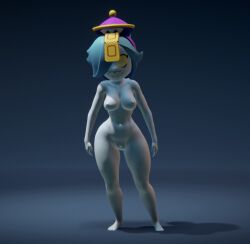 3d 3d_(artwork) brawl_stars breasts colette_(brawl_stars) curvy_female female hat hips jiangshi naked navel pussy solo standing