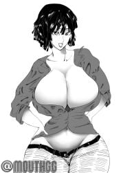 belt big_breasts black_hair chibi fubuki_(one-punch_man) huge_breasts jeans looking_at_viewer massive_breasts mouthgg one-punch_man saitama smiling thick_thighs wide_hips