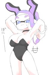 barely_contained big_breasts big_cleavage bunny_ears bunnysuit cephalopod_eyes choker cleavage clothed clothing detached_sleeves hands_behind_head inkling inkling_girl leotard long_hair looking_at_viewer looking_down mocamocaink purple_eyes purple_hair saki_(mocamocaink) sidecut splatoon splatoon_oc sweat