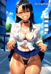 1girls ai_generated alterism black_hair bra breasts brown_eyes choker cleavage clothes_lift collared_shirt day ear_piercing earrings evil_grin fangs female_focus flashing forehead grin groin hair_ornament hairclip hayase_nagatoro hi_res highleg highres lingerie long_hair medium_breasts miniskirt naughty_face navel navel_piercing open_clothes outdoors panties piercing please_don't_bully_me,_nagatoro pleated_skirt presenting pulled_by_self school_uniform schoolgirl see-through shiny_skin skirt sweat tan tan-skinned_female tan_body tan_skin tanline tanned teasing thick_thighs thong uniform wet wet_clothes wide_hips