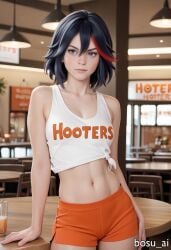 ai_generated bosu_ai hooters hooters_uniform hot_pants kill_la_kill matoi_ryuuko midriff navel restaurant short_shorts standing tank_top waitress