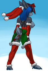 anthro ass ass_grab back bell christmas clothed clothing color cornrows corset elbow_gloves fangs female furball furball_(character) gloves hand_on_ass hat headgear holidays hybrid kaisura lagomorph legwear mammal mistletoe plant pom_hat presenting presenting_hindquarters pussy rabbit ribbons santa_costume santa_hat skimpy solo spreading stockings