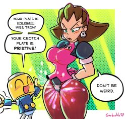 1girls big_breasts blush breasts brown_hair busty capcom child_bearing_hips codpiece curvy dialogue female female_only garbunkles gloves highres jacket large_breasts looking_at_viewer maebari mega_man mega_man_legends robot servbot shiny speech_bubble tron_bonne