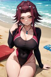 ai_generated akiza_izinski athenaasamiya beach_background brown_eyes competition_swimsuit female hair_ornament huge_breasts izayoi_aki looking_at_viewer necklace nipples one-piece_swimsuit red_hair sitting swimsuit thick_legs tight_clothing waves yu-gi-oh! yu-gi-oh!_5d's