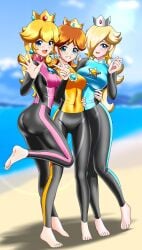 3_bodysuits 3girls barefoot beach blonde_hair blue_eyes bodysuit brown_hair crown curvy earrings female female_only fully_clothed hair_over_one_eye irohazakayouth light-skinned_female light_skin mario_(series) mario_and_sonic_at_the_olympic_games nintendo peace_sign pose princess_daisy princess_peach princess_rosalina rubber rubber_clothing rubber_suit small_waist standing tight_clothing tight_fit waving wetsuit