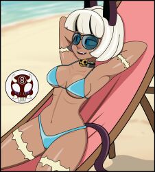 8ball9615 beach beach_chair bikini blue_eyes cameltoe catgirl collar dark-skinned_female medium_breasts nadia_fortune oerba_yun_fang scars_on_body short_hair skullgirls smiling tinted_eyewear white_hair