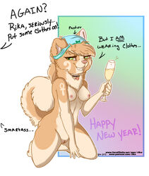 2015 alcohol ankh anthro beverage breasts canine chest_tuft clothing collar dialogue drunk female fur furry green_eyes holidays mammal new_year nude panties panties_on_head pomeranian pussy rika rika_(character) solo tan_fur tattoo tuft underwear