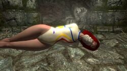 1girls 3d arms_behind_back cloth_gag dirkjag gag gagged leotard mod red_hair skyrim