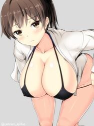 1girls bikini bikini_bottom bikini_top black_bikini blush breasts brown_eyes brown_hair cleavage closed_mouth collarbone embarrassed erect_nipples female gin'ichi_(akacia) grey_background highres japanese_clothes kaga_(kantai_collection) kantai_collection large_breasts leaning_forward light-skinned_female light_skin long_sleeves looking_at_viewer mound_of_venus open_clothes side_ponytail simple_background solo swimsuit undressing wide_sleeves