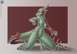 2014 abstract_background anthro areola breasts claws clitoris cyber cybernetics cyborg dayna dinosaur dragonnetstorm female glowing green_body horn nipples nude pose pussy reptile scales scalie scared solo spikes startled yellow_eyes