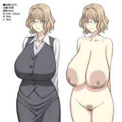 big_breasts big_tits boobs breasts female female_only glasses heavy_breasts magaki_ryouta massive_areolae massive_breasts mature_female milf nipples original pussy short_hair smiling tits