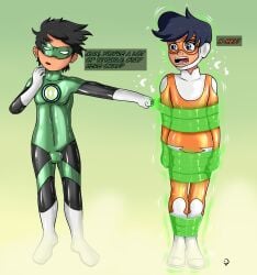 bondage bound boys bulge captured comic dc dc_comics duct_tape gay green_lantern green_lantern:_alliance jai_west latex male/male restrained rubber rubber_suit struggling super_suit superhero tai_pham tied_up wrapped