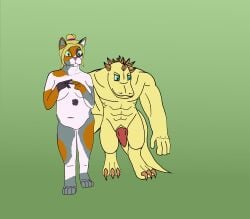 absurd_res ails anthro calico_cat domestic_cat duo felid feline felis female hi_res knot looking_at_viewer male male/female mammal nervous nude nude_anthro nude_female nude_male scalie simple_background standing