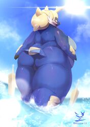 2022 anthro artist_logo artist_name ass back_rolls belly big_belly big_breasts big_butt biped blue_body breasts cheek_tuft cloud curvy_figure cute_fangs eyelashes facial_tuft female generation_5_pokemon genitals hi_res horn huge_thighs innie_pussy kemono light logo looking_at_viewer looking_back looking_back_at_viewer low-angle_view mammal marine naturally_censored nintendo nude obese obese_anthro obese_female open_mouth overweight overweight_anthro overweight_female partially_submerged pinniped pokemon pokemon_(species) pokemorph pussy rear_view samurott sea sea_lion solo spikes standing sun sunlight thick_thighs tuft usssar12 voluptuous water wet wet_body white_tuft wide_hips yellow_eyes