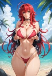 ai_generated beach bikini blue_eyes bombacopta high_school_dxd holding_breast long_hair outside palm_tree palm_trees red_bikini red_hair rias_gremory school_uniform solo swimsuit swimwear thick_thighs