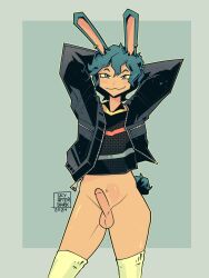 1girls :3 animal_ears animal_tail arms_behind_head artist_signature balls blue_hair bottomless bunny_ears bunny_girl bunny_tail commission erection female futanari jacket jacket_open penis shiny_skin skyafterdark smiling smug socks solo unknown_character