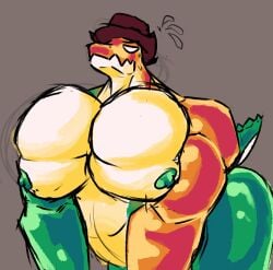 2024 anthro bara bara_tiddies bara_tits barazoku digital_drawing_(artwork) digital_media_(artwork) gummigoo_(the_amazing_digital_circus) hat headgear headwear huge_pecs male male_anthro male_breasts male_focus male_only moobs nervous nipples pecs pectorals solo solo_male the_amazing_digital_circus thottie_snake