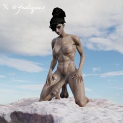 3d ana_amari athletic_futanari beach big_penis black_hair brown_skin futa_only futanari on_rock outdoors outside overwatch pubic_hair relaxing wet yeetiques