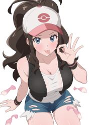 :p alternate_breast_size baseball_cap black_vest black_wristband blue_eyes breasts brown_hair cleavage condom cum denim denim_shorts fellatio_gesture female fluffy_hair hand_up hat high_ponytail highres hilda_(pokemon) huet-pc large_breasts long_hair looking_at_viewer multiple_condoms poke_ball_print pokemon pokemon_bw short_shorts shorts simple_background sitting solo sweat tank_top thighs tongue tongue_out torn_clothes torn_shorts used_condom very_long_hair vest wavy_hair white_background white_tank_top