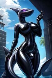 ai_generated drone female glowing_eyes latex null_bulge offering shark tagme