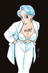 1girls amartbee artist_signature blue_eyes blue_hair bra bulma_briefs busty cleavage dragon_ball dragon_ball_z earrings leaning_forward light-skinned_female light_skin milf open_jacket suit_jacket white_suit writing_on_body