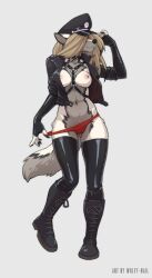 anthro ass boots breasts butt_from_the_front camel_toe canid canine canis clothed clothing colored digital_drawing_(artwork) digital_media_(artwork) female footwear full-length_portrait fur hair headgear hi_res inner_ear_fluff koul_fardreamer legwear mammal navel nipples panties plantigrade portrait simple_background solo thigh_gap thigh_highs tuft underwear wolf wolfy-nail