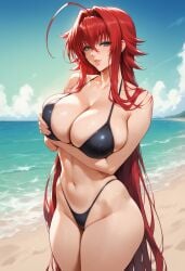 ai_generated beach bikini black_bikini bombacopta grin high_school_dxd holding_breast huge_breasts red_hair rias_gremory solo thick_thighs