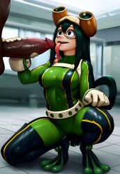 1boy 1girls ai_generated asui_tsuyu asui_tsuyu_(hero_outfit) bodysuit boku_no_hero_academia dark-skinned_male duderu frog_girl froppy goggles goggles_on_head green_hair hand_on_penis handjob highres indoors interracial large_penis long_hair long_tongue looking_at_another medium_breasts my_hero_academia nude_male_clothed_female squatting sweat tight_clothing tongue tongue_out tsuyu_asui tsuyu_asui_(hero_outfit) veiny_penis wet