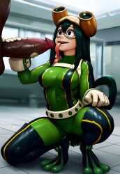 1boy 1girls ai_generated bodysuit dark-skinned_male duderu erection frog_girl froppy goggles goggles_on_head green_hair hand_on_penis handjob highres indoors interracial large_penis long_hair long_tongue looking_at_another medium_breasts my_hero_academia nude_male_clothed_female penis squatting sweat tight_clothing tongue tongue_out tsuyu_asui tsuyu_asui_(hero_outfit) uncensored veiny_penis wet