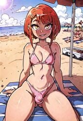 ai_generated androgynous artistatworst beach beach_towel bikini bulge femboy feminine_male nadia_banks otoko_no_ko parasol swimsuit trap