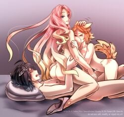 >_< 1boy 2girls ahoge amaki_ren animal_ears artist_name ass black_hair blonde_hair blue_eyes bluesky_username blush breasts closed_eyes collarbone completely_nude deviantart_username dog_ears dog_girl dog_tail eclair_seaetto english_commentary facing_another feet_out_of_frame ffm_threesome full_body furaffinity_username gradient_background gradient_hair grey_background grin group_sex half_up_braid headpat high_heels highres instagram_username large_breasts long_hair looking_at_another looking_back lying multicolored_hair multiple_girls navel nipples nude on_back on_bed open_mouth orange_hair pillow pink_hair pixiv_username short_hair signature sitting sitting_on_person smile straight tail tate_no_yuusha_no_nariagari teeth temerohimitaki threesome twitter_username upper_teeth_only very_long_hair white_footwear wyndia_(tate_no_yuusha_no_nariagari) yuri