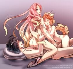 >_< 1boy 2girls ahoge amaki_ren animal_ears artist_name ass black_hair blonde_hair blue_eyes bluesky_username blush breasts closed_eyes collarbone completely_nude deviantart_username dog_ears dog_girl dog_tail eclair_seaetto english_commentary facing_another feet_out_of_frame ffm_threesome full_body furaffinity_username gradient_background gradient_hair grey_background grin group_sex half_up_braid headpat high_heels highres instagram_username large_breasts long_hair looking_at_another looking_back lying multicolored_hair multiple_girls navel nipples nude on_back on_bed open_mouth orange_hair pillow pink_hair pixiv_username short_hair signature sitting sitting_on_person smile straight tail tate_no_yuusha_no_nariagari teeth temerohimitaki threesome twitter_username upper_teeth_only very_long_hair white_footwear wyndia_(tate_no_yuusha_no_nariagari)