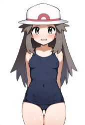 1girls ai_generated alternate_costume blush brown_eyes brown_hair cameltoe embarrassed hat leaf_(pokemon) long_hair looking_at_viewer medium_breasts navel_visible_through_clothes nintendo novelai one-piece_swimsuit open_mouth pokemon pokemon_frlg school_swimsuit self_upload standing swimsuit wavy_mouth white_hat