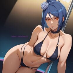 1girls adapted_costume ai_generated akatsuki_(naruto) big_breasts bikini bikini_bottom bikini_top blue_hair blush breasts chin_piercing choker cleavage collar detached_collar embarrassed eyeliner eyeshadow facial_piercing female female_only flower flower_in_hair hair_ornament huge_breasts konan large_breasts light-skinned_female light_skin looking_at_viewer makeup mascara mature mature_female midriff nai_diffusion naruto naruto_(series) naruto_shippuden navel navel_piercing orange_eyes paipan pale-skinned_female pale_skin patreon_username pole pole_dancing seducing seducing_viewer seduction seductive shoulder_length_hair solo solo_focus stable_diffusion stripper stripper_pole temptart underwear url watermark web_address wide_hips