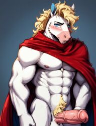 1boy ai ai_generated animal_crossing animal_genitalia anthro anthro_only blonde_hair blonde_pubic_hair blue_eyes cape cock colton_(animal_crossing) equine equine_penis erection furry horse_penis horsecock male mammal muscular muscular_male nintendo partially_clothed penis solo_male video_games