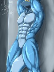 2014 barazoku fish hood japanese_text kemono male male_only marine muscles november ryuukikeito scalie shark slit solo steel_shark text translated