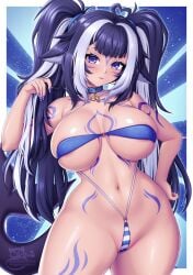 1girls alternate_hairstyle bikini blue_hair breasts female hips huge_breasts indie_virtual_youtuber purple_eyes sevie shylily tan tan-skinned_female tanned_skin thick_thighs thighs virtual_youtuber wide_hips