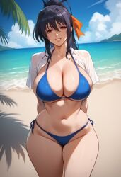 ai_generated akeno_himejima beach bikini black_hair blue_bikini bombacopta hair_ribbon high_school_dxd large_breasts ribbon smile sweat thick_thighs violet_eyes