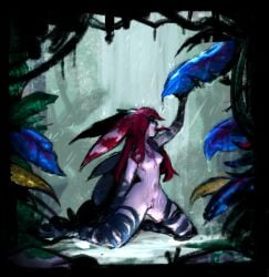 arm_wraps avian bracketsxxx branch breasts cloak clothing dripping feathers female forest genitals hair hi_res jungle leaf league_of_legends leg_wrap long_ears long_hair long_tongue midriff nipple_piercing nipples nude pale_skin piercing plant pussy rainforest raining red_hair riot_games rock solo suggestive_fluid tencent tongue tree vastaya vines wet wet_body wrappings wraps xayah