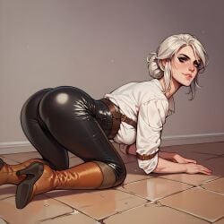 ai_generated ass ciri clothing female green_eyes light-skinned_female looking_at_viewer scar solo the_witcher_(series) the_witcher_3:_wild_hunt white_hair ximiral